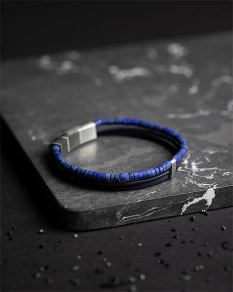 Dreifaches Armband mit italienischem Leder und 2 mm Lapislazuli-Stein - Triplux Blue